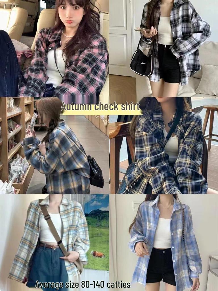 Women's Retro Hong Kong Style Plaid Shirt: New Casual Fashion, Versatile Long Sleeve Jacket Design.