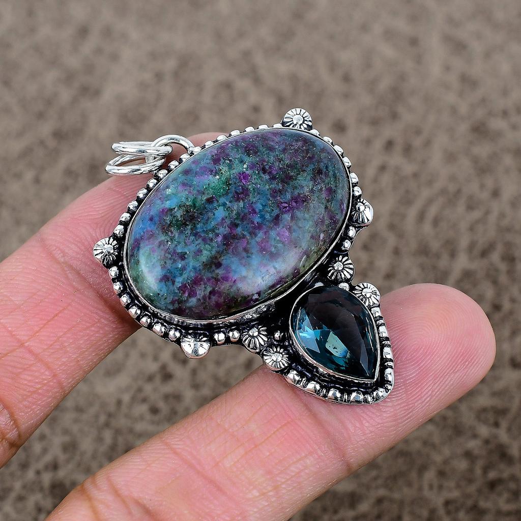 Ruby Fuchsite, Iolite Gemstone 925 Sterling Silver Jewelry Pendant 2.05" KKG-316