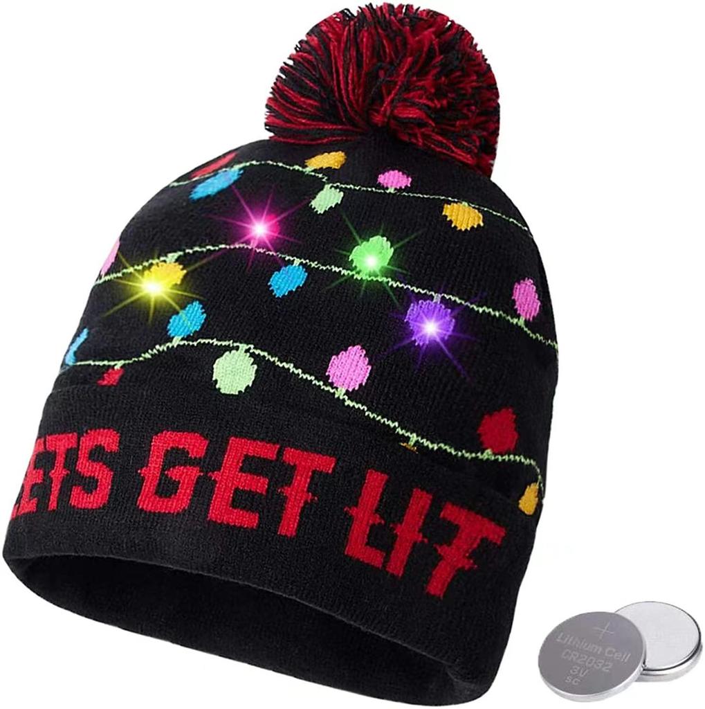 Colorful Dazzling LED Christmas Hat Holiday Pompom Ball Knitted Winter Beanie for Adults and Children Festive Party Hat