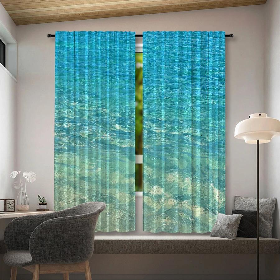 Set Of 2 Blue Ocean Print Curtains Pole Bag Christmas Decorations Home Room Curtain Polyester