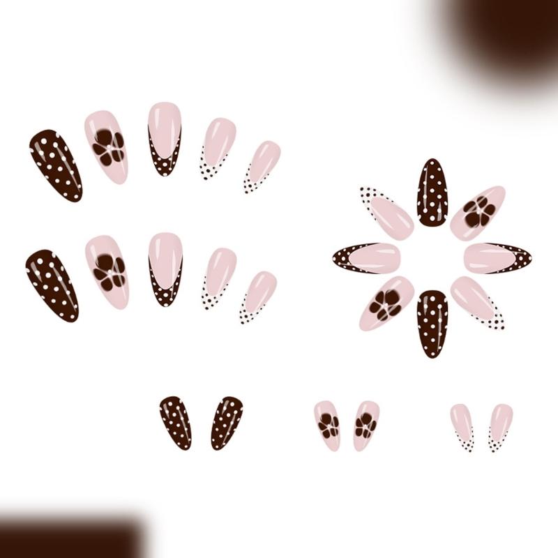 24Pcs Autumn Winter French Tip False Nail Black White Coffee Glitters Press On Artificial Nail Reusable
