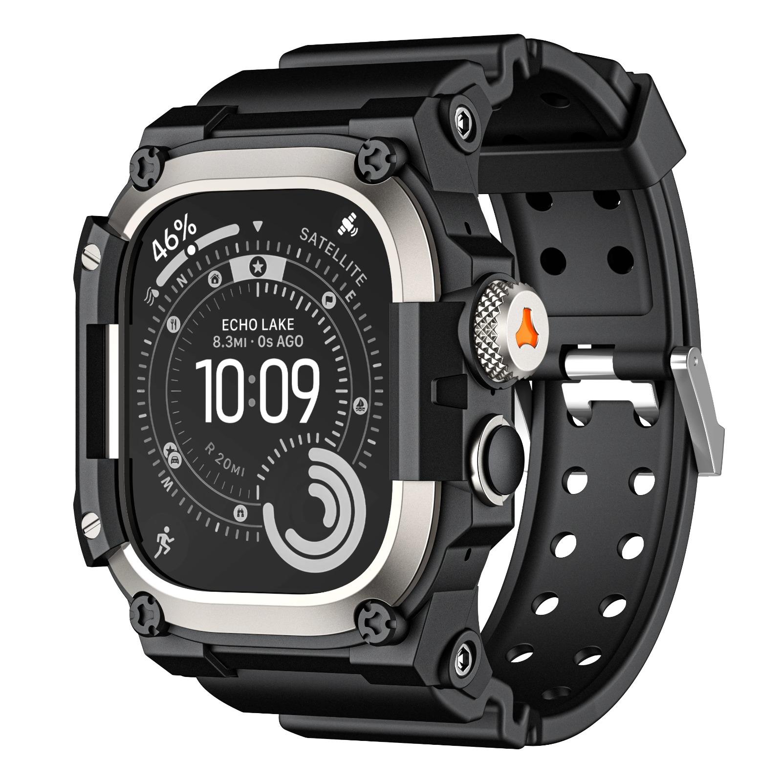 

Прочный интегрированный ремешок с чехлом для Apple Watch Ultra 3/2/1 49 мм Спортивный силиконовый ремешок с металлическим бампером для iWatch Ultra Ultra 1/2/3 49mm серый/чёрный