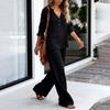 Women's Two-Piece -color Cotton And Linen Long-sleeved V-neck Top Straight-leg Casual Trousers Set