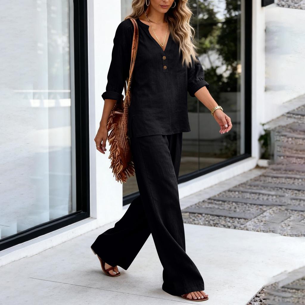 Women's Two-Piece -color Cotton And Linen Long-sleeved V-neck Top Straight-leg Casual Trousers Set