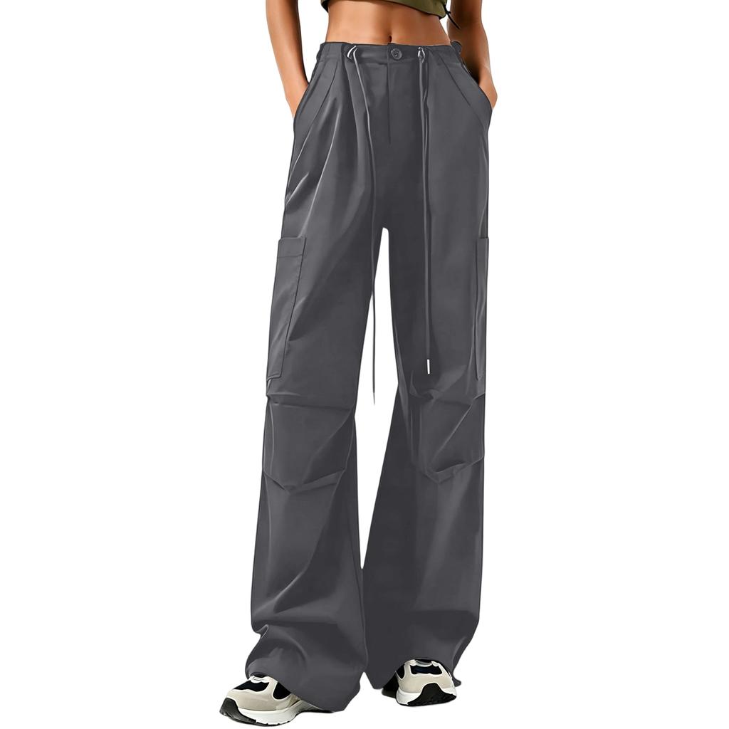 Women's High Waist Wide Leg Cargo Pants Loose Fit Casual Trousers with Pockets Adjustable Waistband and Button Closure