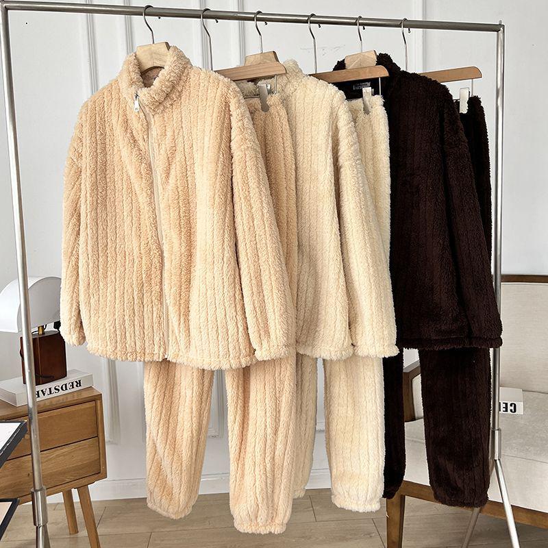 Women's G5Z Striped Plush Zipper Pajama Set - Cozy Velvet for Autumn/Winter