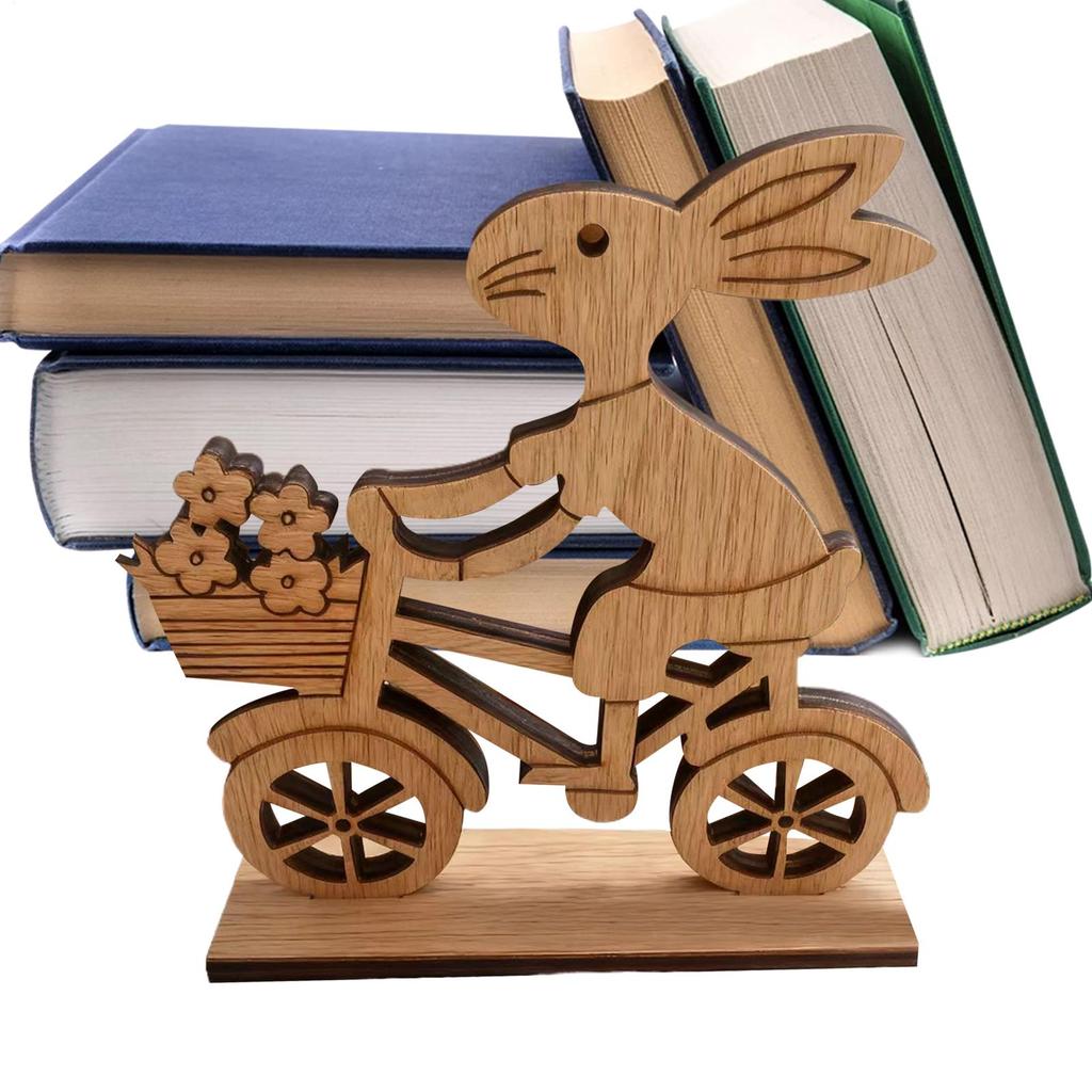 Wood Easter Bunny Cart Easter Gift Desktop Decoration Easter Statues With Floral Cart Cycling Rabbit Festival Desk Decorations