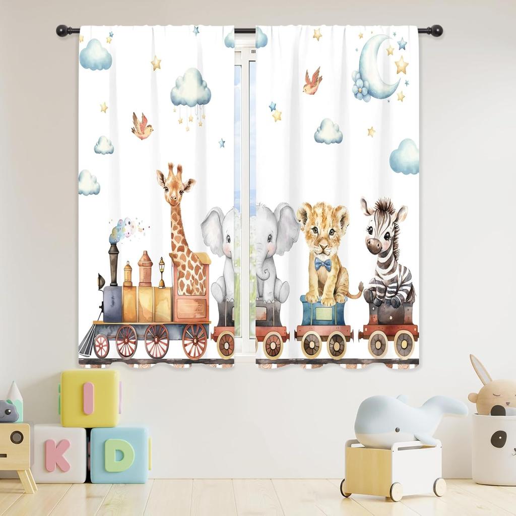 Kids Child Curtains Cute Cartoon Animal Woodland Jungle Adventure Wild Train Wildlife Rod Pocket Lion Elephant Stars Bedroom