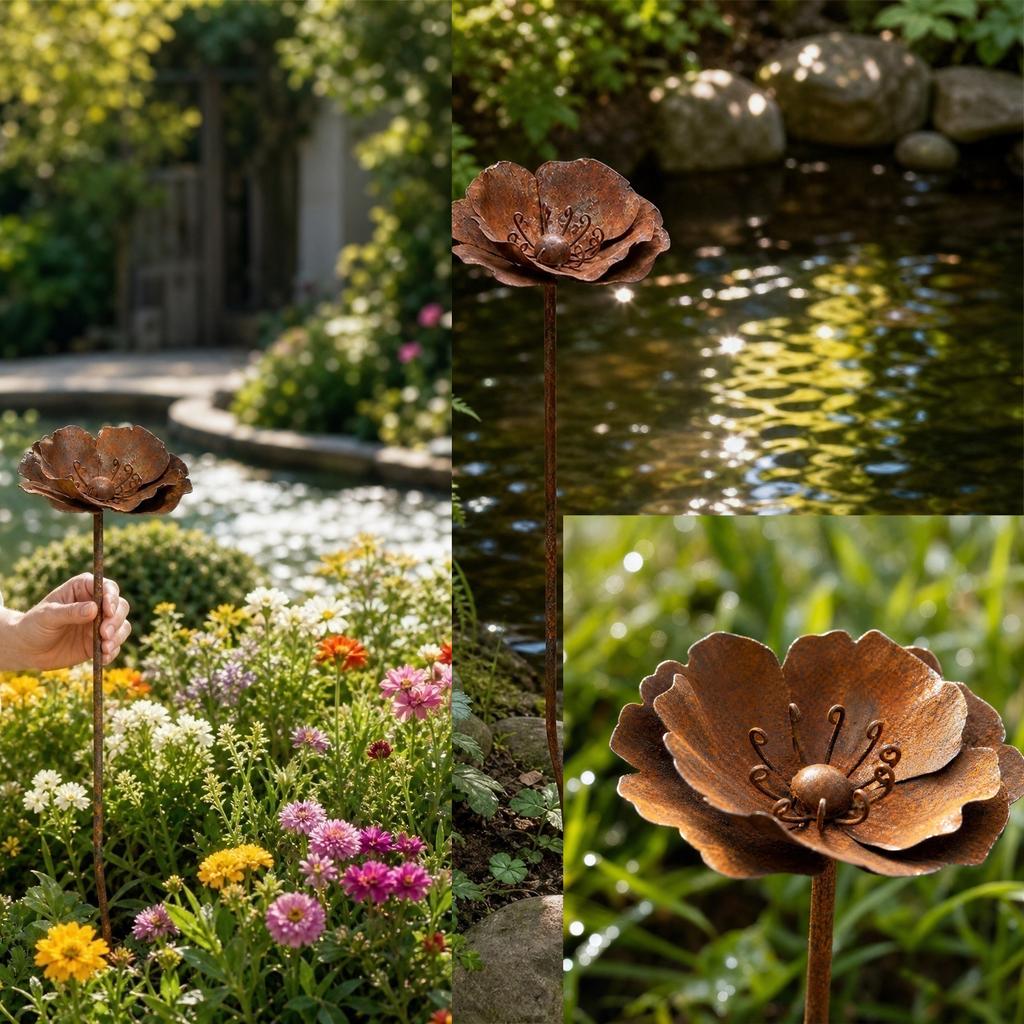 Outdoor Metal Garden Stake Flower Sculpture Decorative Yard Ornament Iron Flower Plant Stake for Lawn Patio Pathway Accent
