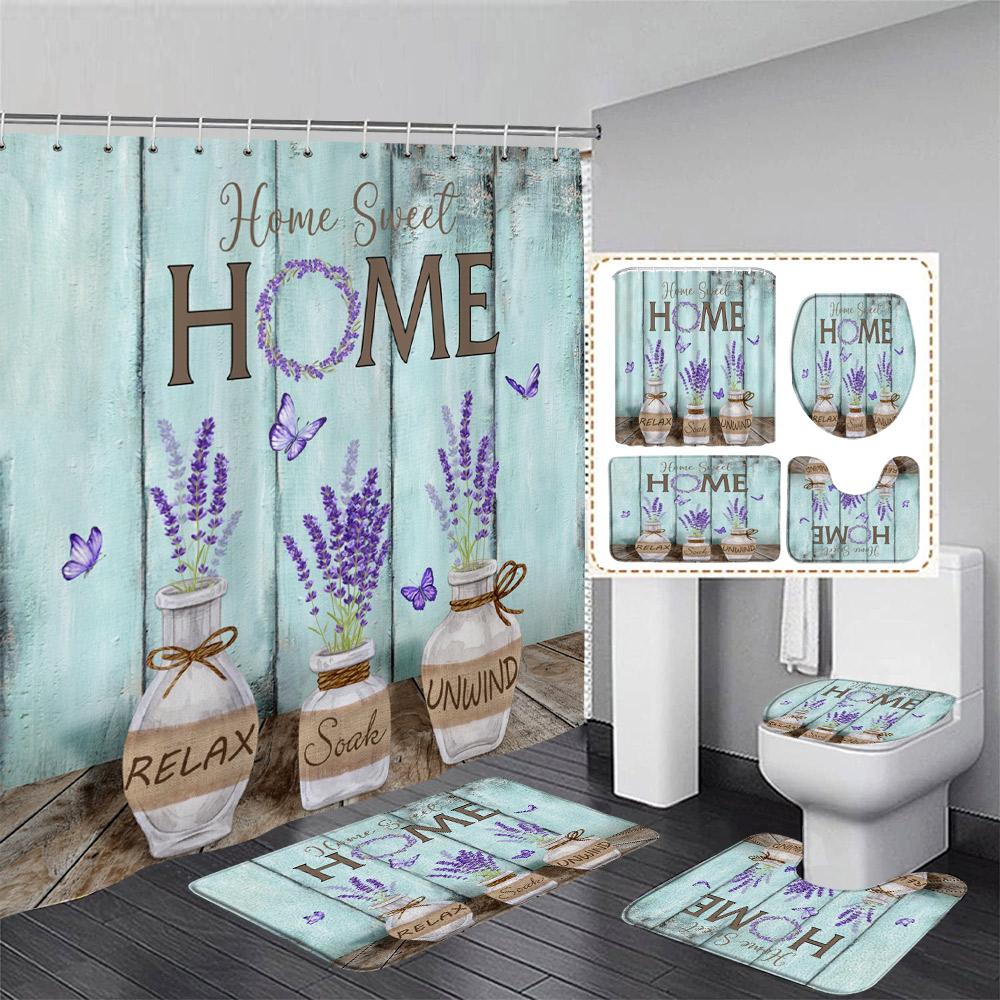 Rustic Wood Plank Sunflower Shower Curtain Set Butterfly Yellow Floral Plant Home Bathroom Decor Rug Bath Mats Toilet Lid Cover