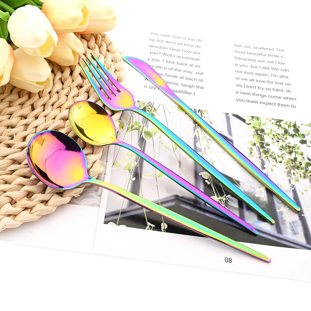 6Pcs Multicolor Cutlery Set Fork Knife Spoon Flatware Stainless Steel Dinnerware Set Long Ice Spoon Kitchen Tableware Set
