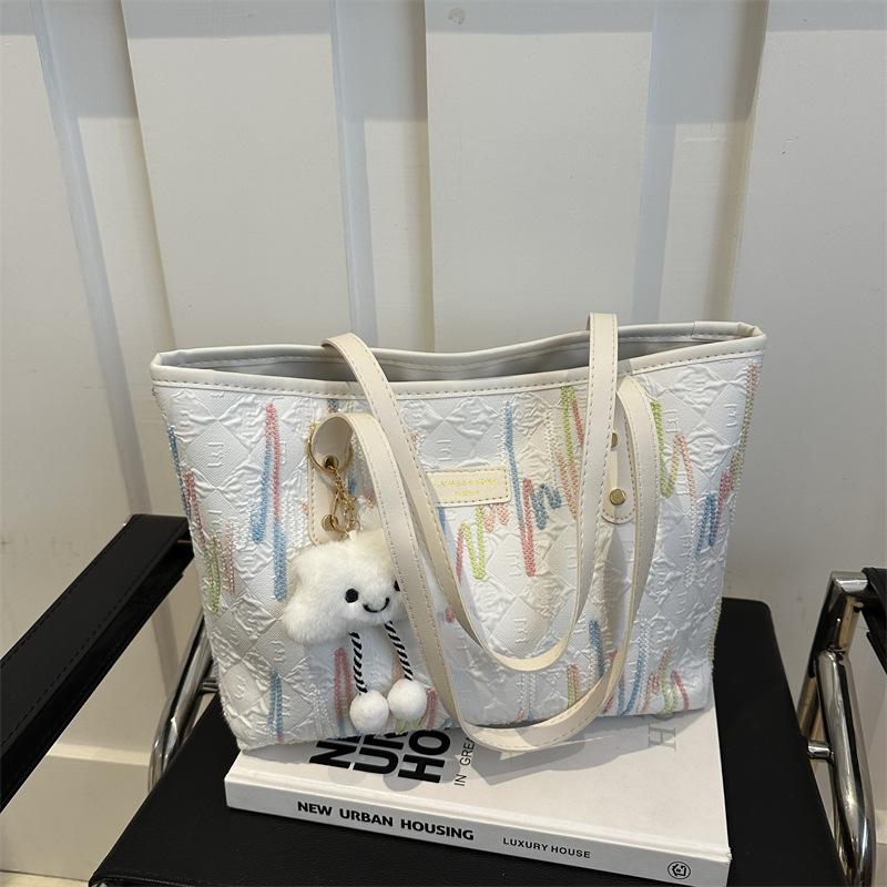 Women's Canvas Tote Bag with Embroidery, Large Capacity Casual Shoulder Bag for School and Work, Striped Design with Cloud Charm