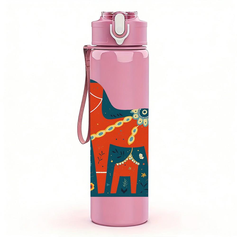 1 Stück Vintage Holzpferd Kunst 750 ml Farbe Kunststoff Sportwasserflasche Auslaufsicher Klappdeckel mit Strohhalm Geeignet für Sport Büro Heimgebrauch