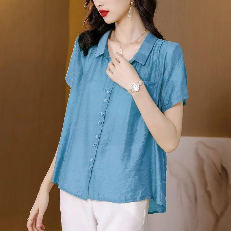 

Blusas Блузки Femme Топы Женская блузка с отложным воротником Женская летняя белая блузка с коротким рукавом Шифоновая блузка Рубашка 4XL синий