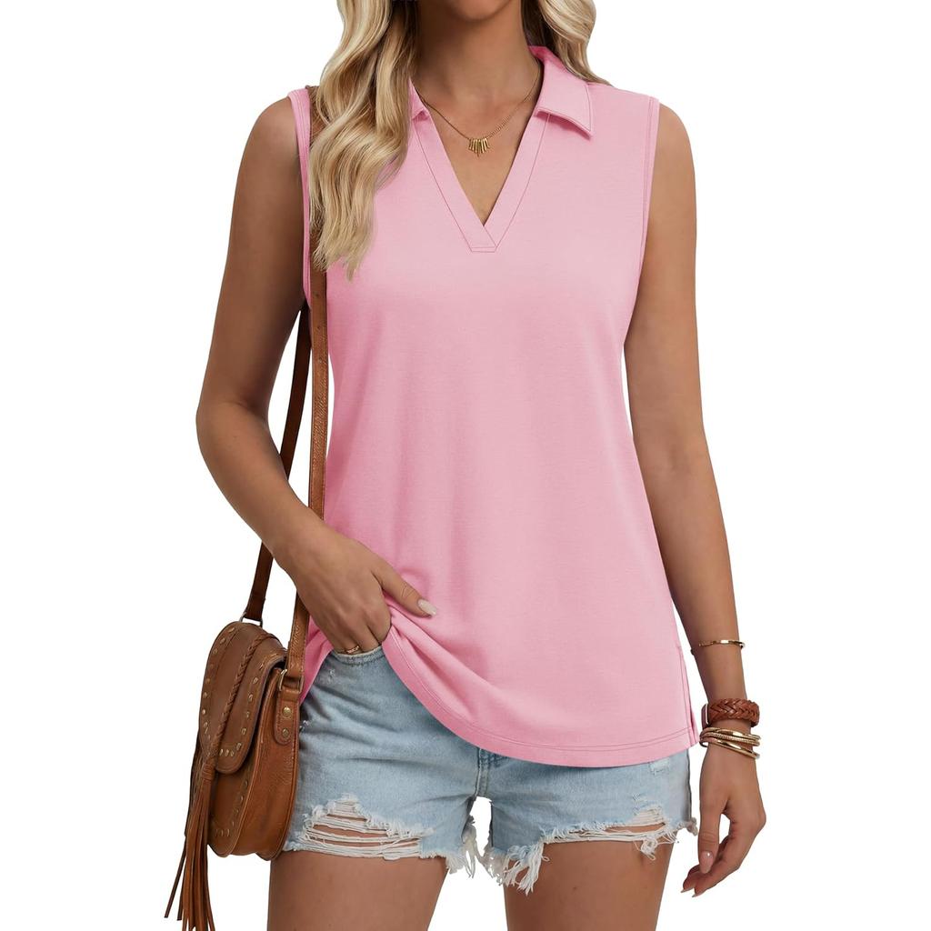 Women's Fashion Casual Lapel Sleeveless Color Shirt Women's V-Neck Up Tops