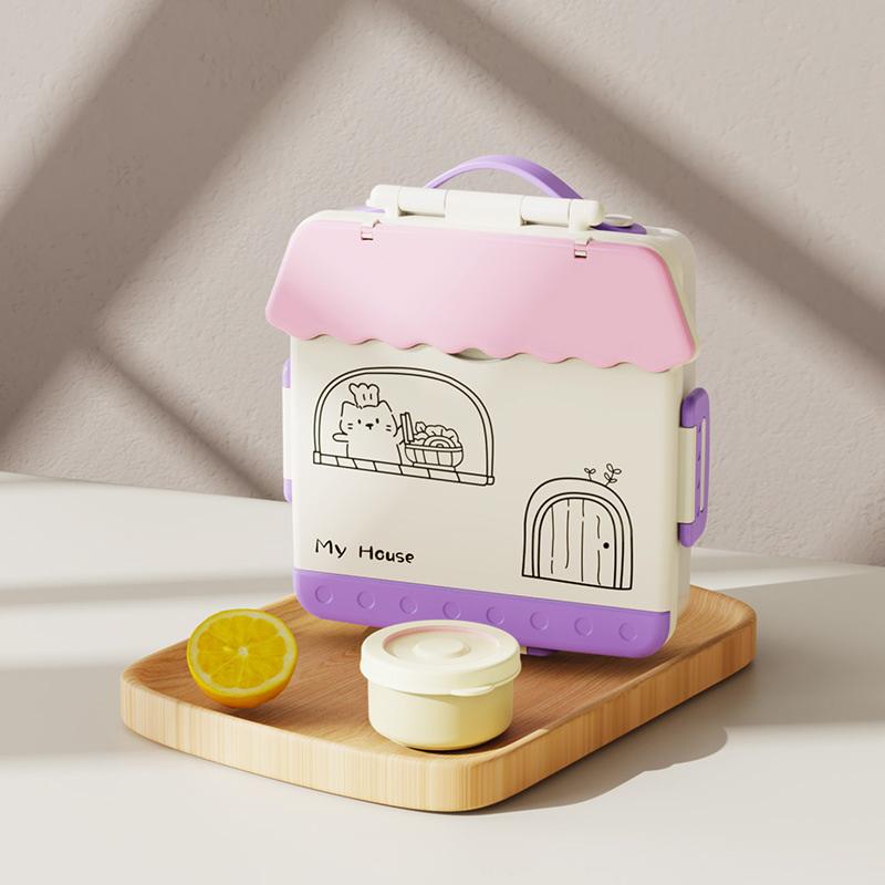 Cute House-Shaped Bento Box - 2-Tier Divided Lunch Container with Spoon for KidsAdults Food-Grade 3460₽