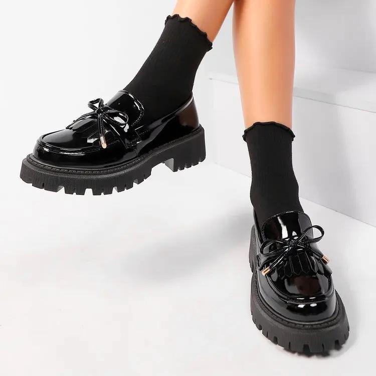 Plus Size Summer Black Retro Platform Flats Women Easy To Put on Butterfly Knot Med Heels Loafers Daily