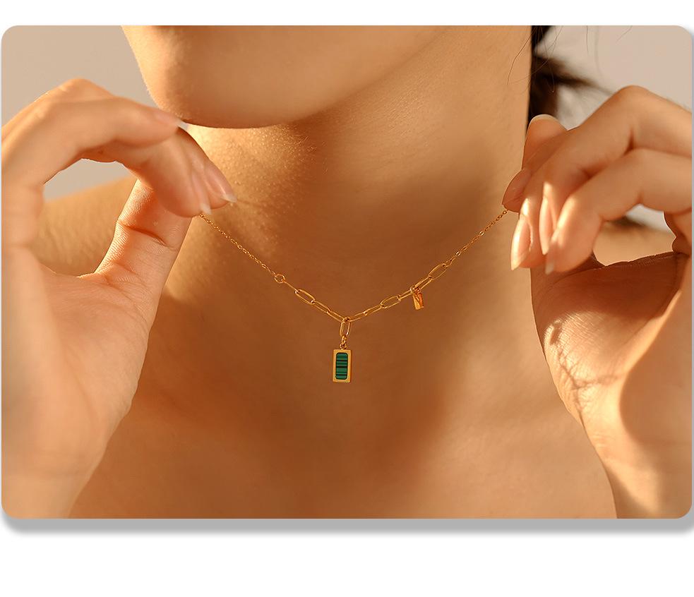 18K Gold-Plated Malachite Green Striped Collarbone Necklace - Small Square INS Style Retro Jewelry