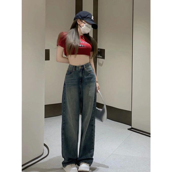 

Women s High-Waisted Wide-Leg Cement Grey Jeans - Autumn/Winter Floor-Length Trendy Drape Pants Extra Large