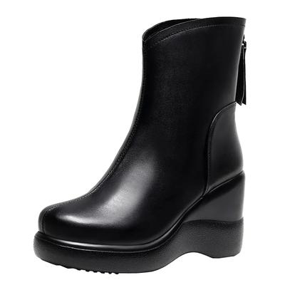 Mode Taille32-43 Cuir Véritable Femme Bottines Mode Zip Dames Talon Haut Peluche Bottines Courtes Hiver Chaussures Compensées à Plateforme pour Femmes