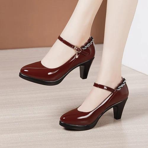 6cm 9cm 11cm Small Big Size 32-43 Shallow Bright Leather Shoes Platform Pumps 2025 Spring Block High Heels Shoes for Dress Model