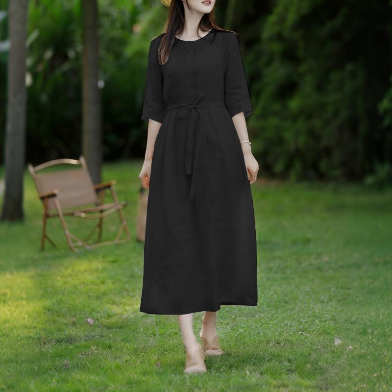 ZANZEA Женское повседневное платье с круглым вырезом, свободное, с полурукавом 2XL чёрный