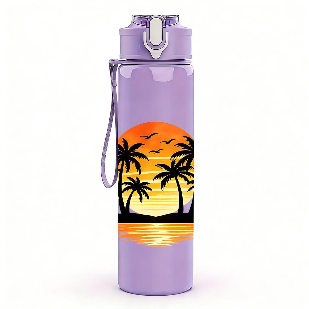 1PC Palm Tree Sunset Tropical Scenery Print 750ml Color Plastic Sports Water Bottle Leakproof Flip Straw Lid Suitable for Sports Office Home Use