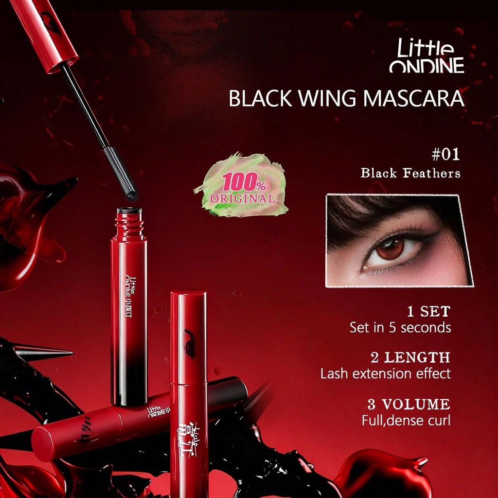 Little ONDINE BLACK WING MASCARA 01, 3-In-1 Triple Brush, Lengthening Curling Volumizing, Smudge-Proof Waterproof Quick-Dry, 5g/0.18oz