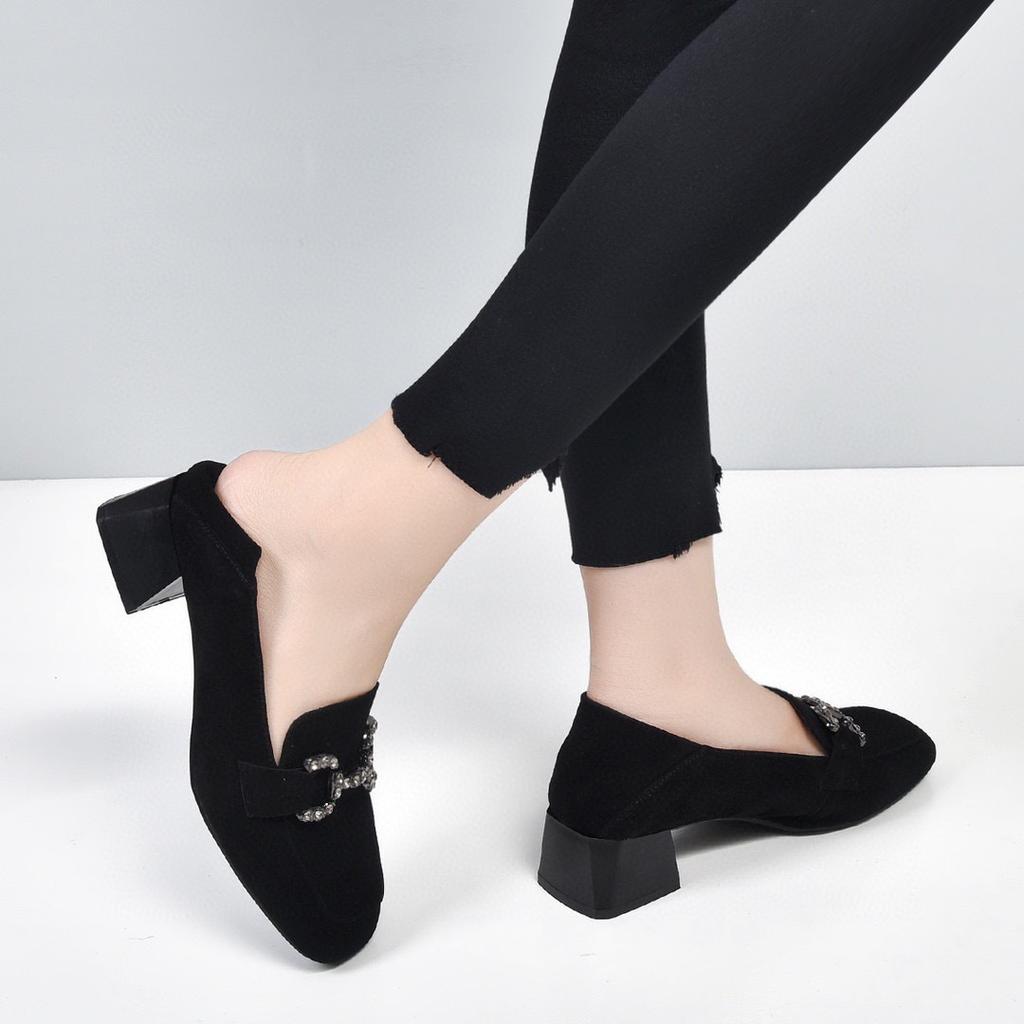 Square Head High Heels Women's Spring New Black Sheepskin Thick Heel Single Shoes Square Heel Rhinestone Women's Leather Shoes