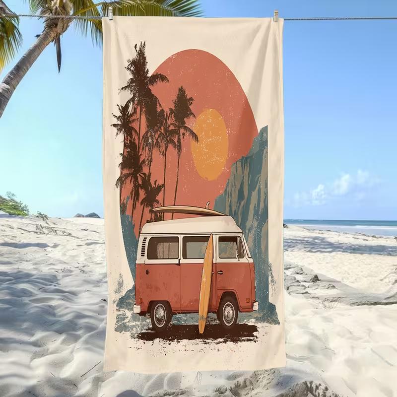 Serviette de plage Vintage Surf Van Palm Coucher de soleil Plage Rétro Hippie Côtier Sans Sable Léger Serviette Style Bohème Serviette d'extérieur