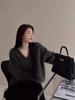 Women's Gray V-Neck Mohair Sweater - Cozy Autumn/Winter Knit Pullover