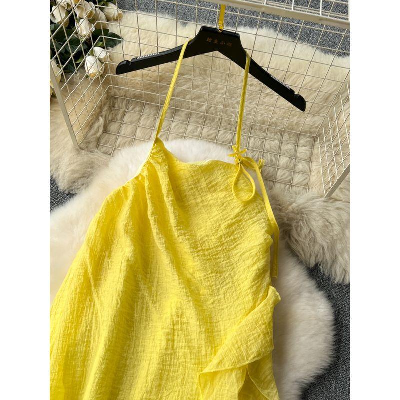 Yellow Vacation Style Dress Women's Stylish Niche Style Ruffles Patchwork Halter Spaghetti Straps Fairy Dress French Dress