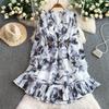 French holiday style super fairy chiffon printed V-neck dress women's elastic waist and thin ruffle edge medium and long dress
