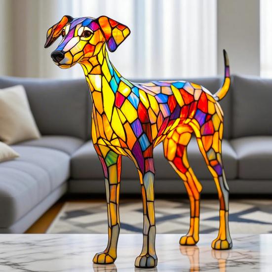 Dog Table Lamp Stained Glass Style Resin Greyhound Night Light 3D Animal-Themed LED Bedside Lamp for Kids' Room Bedroom Decor Dog Lovers Gift