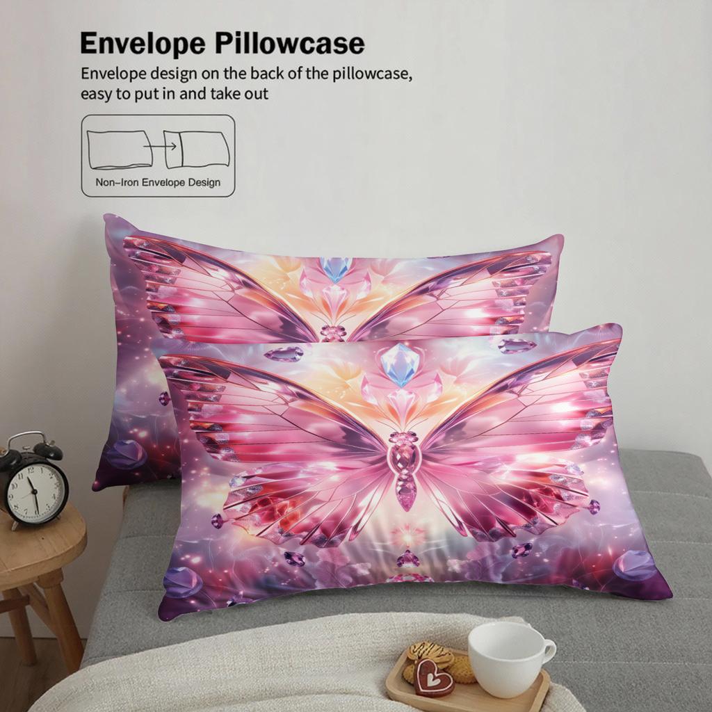 Butterfly Print Bedding Set Pink Purple Crystal Butterfly Design Bedding Set With Duvet Cover & Pillowcases For Bedroom Decor