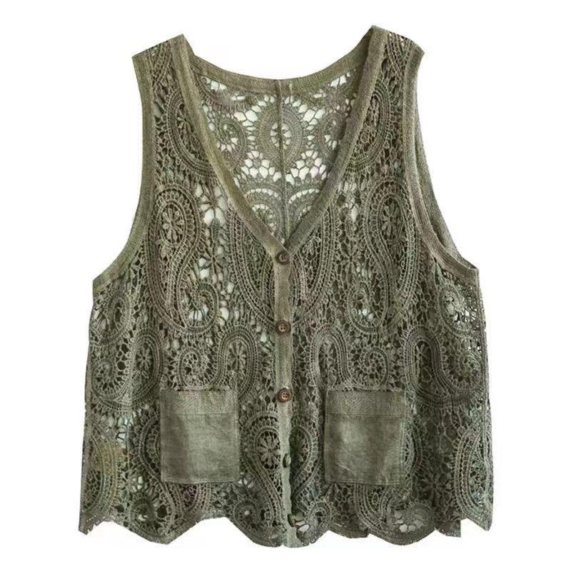Bohemian Cotton Lace Cardigan Vest with Pockets and V-Neck