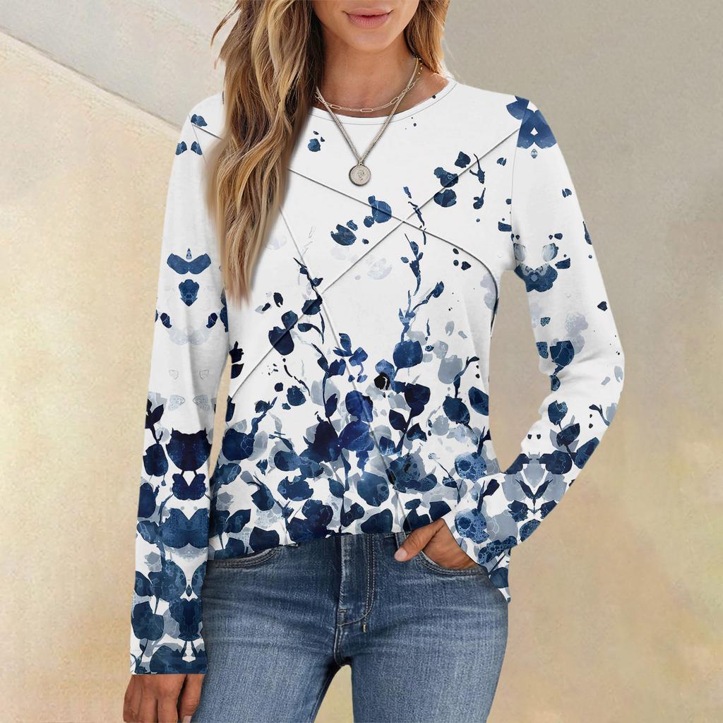 Damenmode Langarm Rundhals Lässiges Plissee Floral bedrucktes Lockeres Oberteil