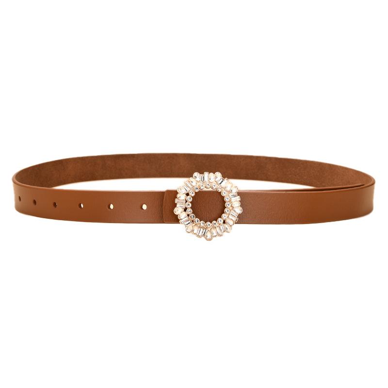 Ladies Belt With Crystal Diamond Square Buckle Decorative Belt Women'S Leather Smooth Buckle Belt