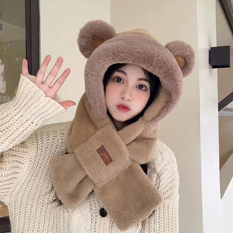 Cute Bear Hat Female Autumn and Winter Cycling Windproof and Warm Ear Mask Scarf Integrated Plush