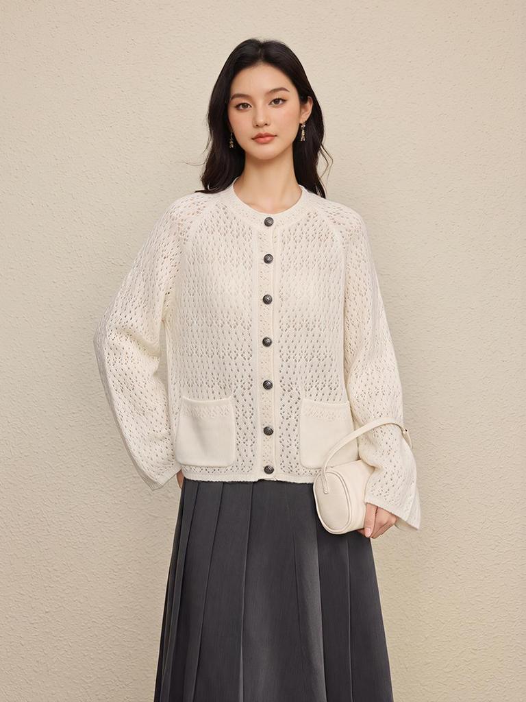 Nanyou Women's Autumn 2026 Round Neck Loose Knit Cardigan - Double Pocket, Hollow Design