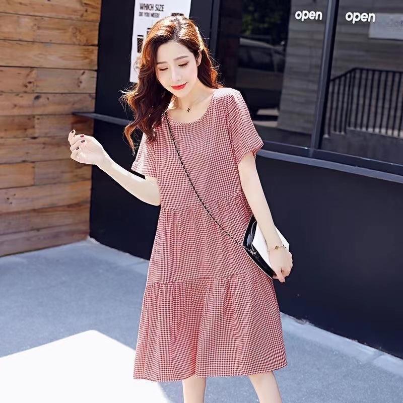 Maternity Clothing Summer New Medium and Long Two-color Round Neck Plaid Skirt Loose and Thin Belly-covering A-word Dress