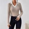 Ladies Autumn Winter Long Sleeve Lapel Solid Color Ribbed Slim Fit Pullover Polo Shirt Top