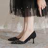 Intellectual Elegance Black Thousand Bird Grid High Heels Spring Thin Heel Pointed Matte Small Fragrant Temperament Single Shoes Women