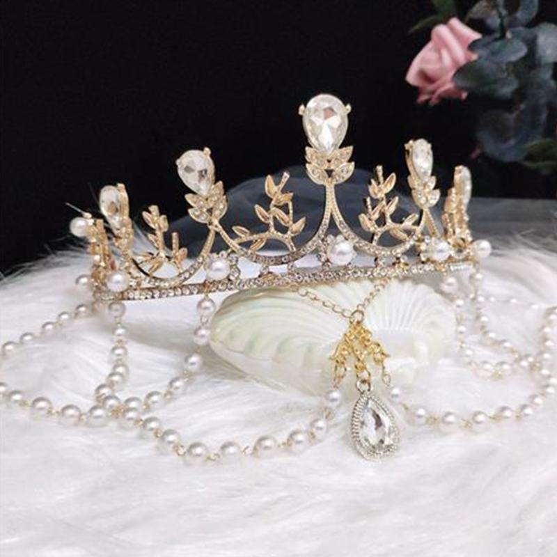 Baroque Gold Wedding Crown Pearl Bride Tiara Leaves Crown and Tiara Crystal Bridal Headpieces for Women and Young Girls