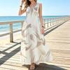 Women Sleeveless U-Neck Maxi Dress,Khaki Brown Abstract Brush Stroke Print Flowy Summer Sundress