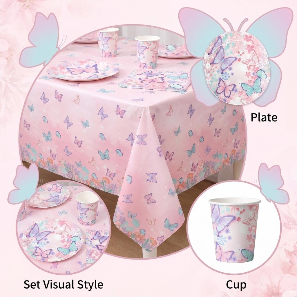 Schmetterling Thema Geburtstagsparty Zubehör Set Enthält Teller Becher Servietten Tischdecke für Kinder Party Dekoration Geschirr Set