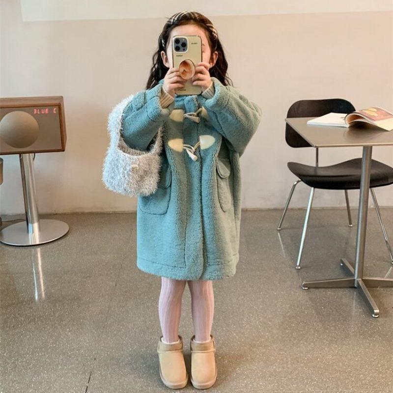 Girls' Thickened Leather-and-Fur-Combined Coat: Fashionable Mid-Length Winter Coat for Kids