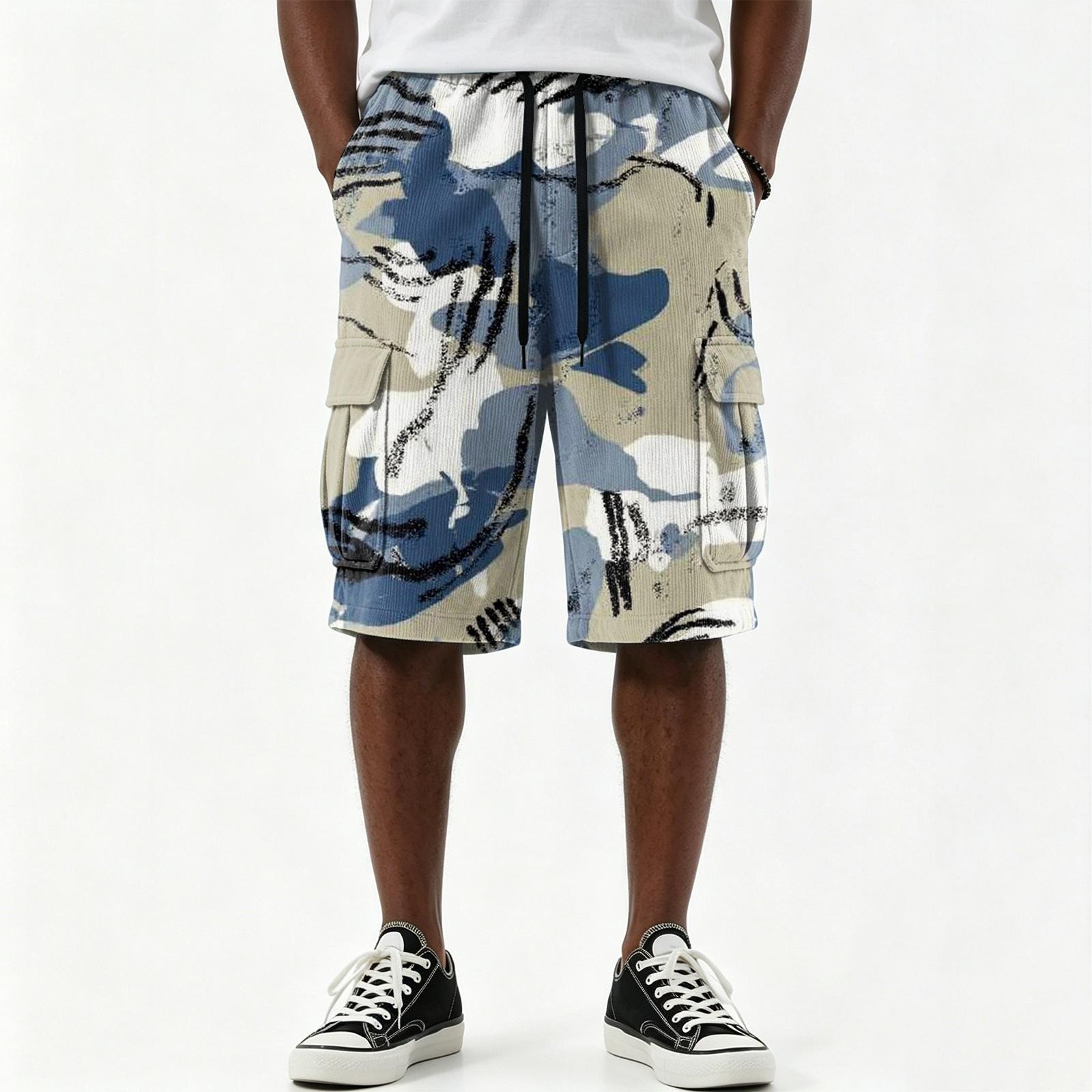 Men s Camouflage Print Shorts, Casual Drawstring with Multiple Pockets, Knee Length XXXXXL