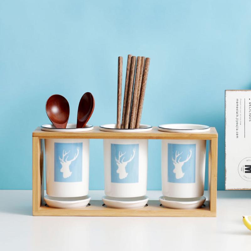 Cat Ceramic Chopsticks Holder Set Drain Rack Chopstick Cage Cutlery Box Kitchen Storage Organizer Chopsticks Box Storage Rack