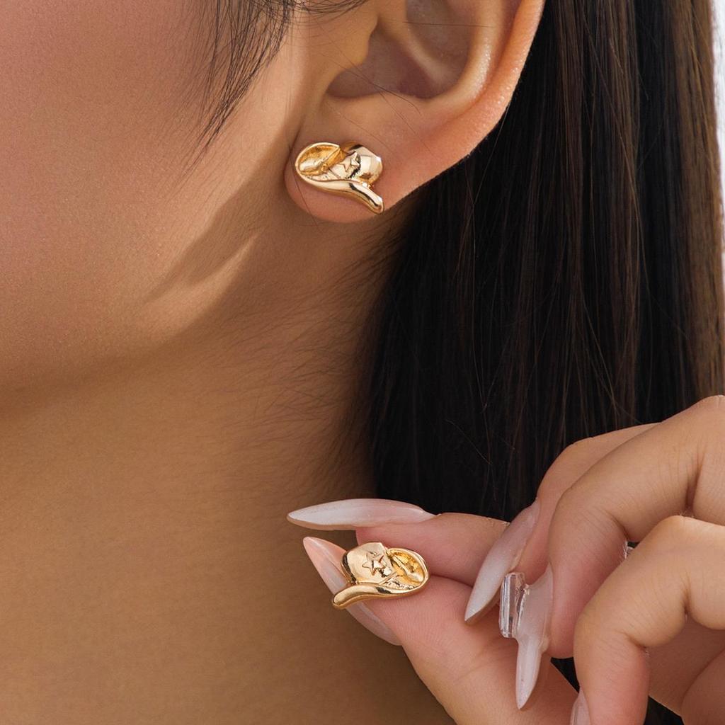 Stylish Gold Retro Denim Hat Earrings: Unique Niche Design with Light Luxury Backs